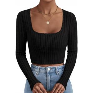 imageZESICA Womens Long Sleeve Crop Tops Square Neck Slim Fitted Shirts Casual Basic Tees 2025 Fall Trendy ClothesBlack