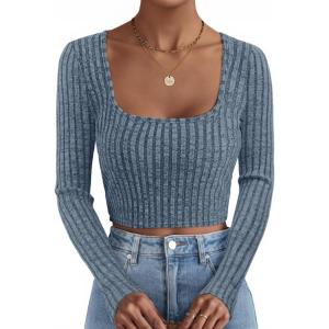 imageZESICA Womens Long Sleeve Crop Tops Square Neck Slim Fitted Shirts Casual Basic Tees 2025 Fall Trendy ClothesDustyblue