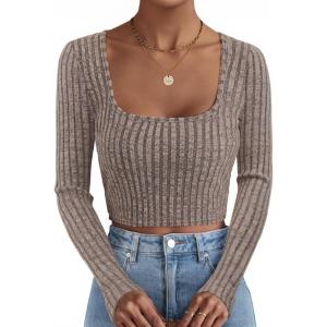 imageZESICA Womens Long Sleeve Crop Tops Square Neck Slim Fitted Shirts Casual Basic Tees 2025 Fall Trendy ClothesKhaki