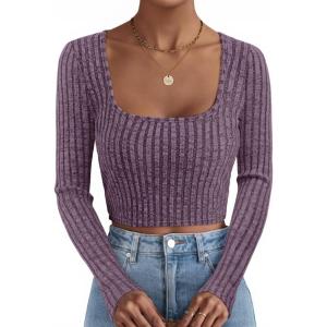 imageZESICA Womens Long Sleeve Crop Tops Square Neck Slim Fitted Shirts Casual Basic Tees 2025 Fall Trendy ClothesPurple