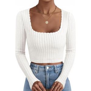imageZESICA Womens Long Sleeve Crop Tops Square Neck Slim Fitted Shirts Casual Basic Tees 2025 Fall Trendy ClothesWhite