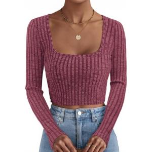 imageZESICA Womens Long Sleeve Crop Tops Square Neck Slim Fitted Shirts Casual Basic Tees 2025 Fall Trendy ClothesWine