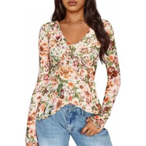 imageZESICA Womens Long Sleeve Floral Shirts V Neck Going Out Ruffle Tops Blouses 2025 Fall Fashion Clothes OutfitsApricot