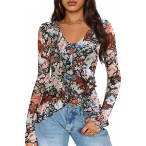 imageZESICA Womens Long Sleeve Floral Shirts V Neck Going Out Ruffle Tops Blouses 2025 Fall Fashion Clothes OutfitsBlack