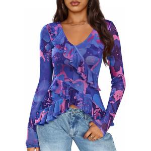 imageZESICA Womens Long Sleeve Floral Shirts V Neck Going Out Ruffle Tops Blouses 2025 Fall Fashion Clothes OutfitsBlue