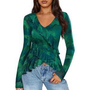 imageZESICA Womens Long Sleeve Floral Shirts V Neck Going Out Ruffle Tops Blouses 2025 Fall Fashion Clothes OutfitsGreen