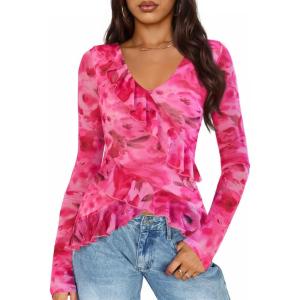 imageZESICA Womens Long Sleeve Floral Shirts V Neck Going Out Ruffle Tops Blouses 2025 Fall Fashion Clothes OutfitsPink
