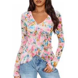 imageZESICA Womens Long Sleeve Floral Shirts V Neck Going Out Ruffle Tops Blouses 2025 Fall Fashion Clothes OutfitsPinkgreen
