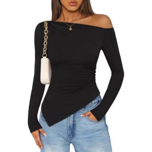 imageZESICA Womens Off The Shoulder Tops 2025 Long Sleeve Y2K Asymmetrical Ruched Fitted Shirts Fall Trendy Going Out TopBlack