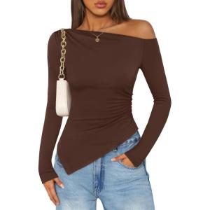 imageZESICA Womens Off The Shoulder Tops 2025 Long Sleeve Y2K Asymmetrical Ruched Fitted Shirts Fall Trendy Going Out TopCoffee