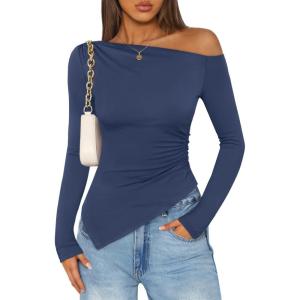 imageZESICA Womens Off The Shoulder Tops 2025 Long Sleeve Y2K Asymmetrical Ruched Fitted Shirts Fall Trendy Going Out TopNavy