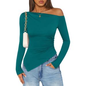 imageZESICA Womens Off The Shoulder Tops 2025 Long Sleeve Y2K Asymmetrical Ruched Fitted Shirts Fall Trendy Going Out TopTeal
