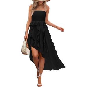 imageZESICA Womens 2025 Summer Strapless Mini Dress Off Shoulder Smocked Tiered Irregular Irregular Ruffle Beach Tube SundressBlack