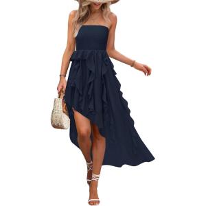 imageZESICA Womens 2025 Summer Strapless Mini Dress Off Shoulder Smocked Tiered Irregular Irregular Ruffle Beach Tube SundressNavy