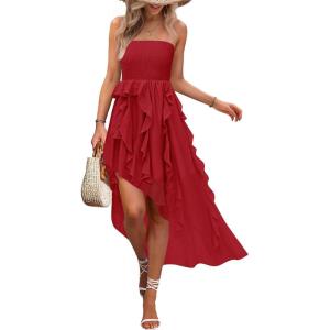 imageZESICA Womens 2025 Summer Strapless Mini Dress Off Shoulder Smocked Tiered Irregular Irregular Ruffle Beach Tube SundressRed