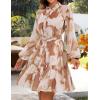 imageZESICA Womens Fall Floral Mini Dress 2025 Boho Long Sleeve Button Chiffon A Line Short Vacation Party Dresses with BeltBrown
