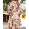 imageZESICA Womens Fall Floral Mini Dress 2025 Boho Long Sleeve Button Chiffon A Line Short Vacation Party Dresses with BeltBrown
