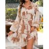 imageZESICA Womens Fall Floral Mini Dress 2025 Boho Long Sleeve Button Chiffon A Line Short Vacation Party Dresses with BeltBrown