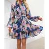 imageZESICA Womens Fall Floral Mini Dress 2025 Boho Long Sleeve Button Chiffon A Line Short Vacation Party Dresses with BeltDark Blue