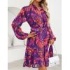 imageZESICA Womens Fall Floral Mini Dress 2025 Boho Long Sleeve Button Chiffon A Line Short Vacation Party Dresses with BeltPurple