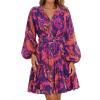 imageZESICA Womens Fall Floral Mini Dress 2025 Boho Long Sleeve Button Chiffon A Line Short Vacation Party Dresses with BeltPurple