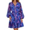 imageZESICA Womens Fall Floral Mini Dress 2025 Boho Long Sleeve Button Chiffon A Line Short Vacation Party Dresses with BeltRoyal Blue