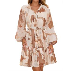 imageZESICA Womens Fall Floral Mini Dress 2025 Boho Long Sleeve Button Chiffon A Line Short Vacation Party Dresses with BeltBrown