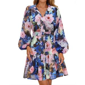 imageZESICA Womens Fall Floral Mini Dress 2025 Boho Long Sleeve Button Chiffon A Line Short Vacation Party Dresses with BeltDark Blue