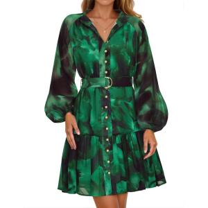 imageZESICA Womens Fall Floral Mini Dress 2025 Boho Long Sleeve Button Chiffon A Line Short Vacation Party Dresses with BeltDark Green