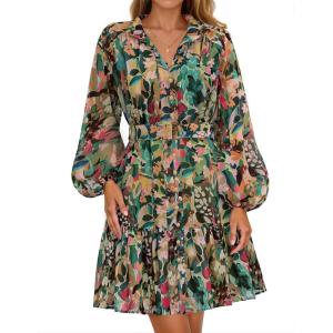 imageZESICA Womens Fall Floral Mini Dress 2025 Boho Long Sleeve Button Chiffon A Line Short Vacation Party Dresses with BeltGreen