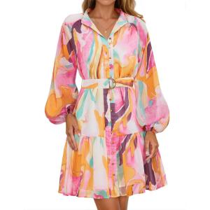 imageZESICA Womens Fall Floral Mini Dress 2025 Boho Long Sleeve Button Chiffon A Line Short Vacation Party Dresses with BeltPink