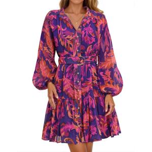 imageZESICA Womens Fall Floral Mini Dress 2025 Boho Long Sleeve Button Chiffon A Line Short Vacation Party Dresses with BeltPurple