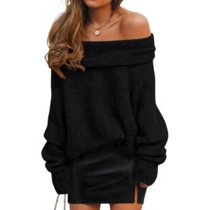 imageZESICA Womens Off The Shoulder Fall Sweaters Oversized Long Sleeve Pullover Tops 2025 Fashion Outfit ClothesBlack