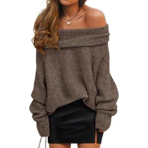 imageZESICA Womens Off The Shoulder Fall Sweaters Oversized Long Sleeve Pullover Tops 2025 Fashion Outfit ClothesCoffee