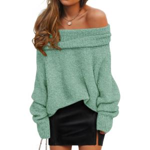 imageZESICA Womens Off The Shoulder Fall Sweaters Oversized Long Sleeve Pullover Tops 2025 Fashion Outfit ClothesGreen