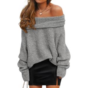 imageZESICA Womens Off The Shoulder Fall Sweaters Oversized Long Sleeve Pullover Tops 2025 Fashion Outfit ClothesGrey