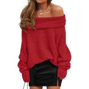 imageZESICA Womens Off The Shoulder Fall Sweaters Oversized Long Sleeve Pullover Tops 2025 Fashion Outfit ClothesRed