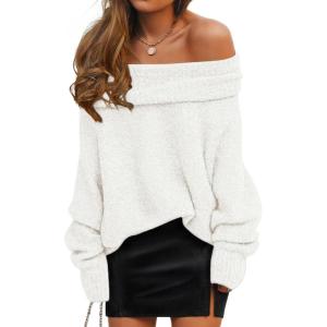 imageZESICA Womens Off The Shoulder Fall Sweaters Oversized Long Sleeve Pullover Tops 2025 Fashion Outfit ClothesWhite