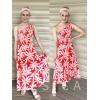imageZESICA Womens 2025 Bohemian Summer Floral Print One Shoulder Sleeveless Smocked Ruffle Tiered Beach Long Midi DressRed