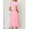 imageZESICA Womens 2025 Casual Striped Midi Dress Crewneck Short Sleeve Button Ribbed Knit Swing Pleated A Line DressesPink