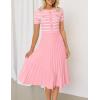imageZESICA Womens 2025 Casual Striped Midi Dress Crewneck Short Sleeve Button Ribbed Knit Swing Pleated A Line DressesPink