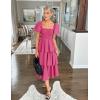 imageZESICA Womens 2025 Summer Boho Midi Dress Short Puff Sleeve Flowy A Line Tiered Beach Vacation Long DressesRose