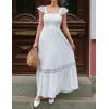 imageZESICA Womens 2025 Summer Lace Strap Sleeveless Square Neck Smocked High Waist Ruffle Hollow Out Flowy A Line Maxi DressWhite