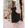 imageZESICA Womens 2025 Summer Short Sleeve Midi Dresses Casual Crew Neck Knit Belted Pleated A Line Flowy Wedding Guest DressBlack