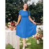 imageZESICA Womens 2025 Summer Short Sleeve Midi Dresses Casual Crew Neck Knit Belted Pleated A Line Flowy Wedding Guest DressCobalt Blue