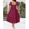 imageZESICA Womens 2025 Summer Square Neck Short Puff Sleeve Solid Color High Waist Casual Smocked Flowy A Line Tiered Midi DressFuchsia