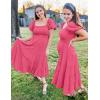 imageZESICA Womens 2025 Summer Square Neck Short Puff Sleeve Solid Color High Waist Casual Smocked Flowy A Line Tiered Midi DressHot Pink