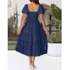 imageZESICA Womens 2025 Summer Square Neck Short Puff Sleeve Solid Color High Waist Casual Smocked Flowy A Line Tiered Midi DressNavy