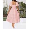 imageZESICA Womens 2025 Summer Square Neck Short Puff Sleeve Solid Color High Waist Casual Smocked Flowy A Line Tiered Midi DressPink