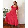 imageZESICA Womens 2025 Summer Square Neck Short Puff Sleeve Solid Color High Waist Casual Smocked Flowy A Line Tiered Midi DressWatermelon